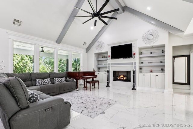7604 S 6th St, Broken Arrow, OK 74011 - living room featuring marble tiled floors, beam ceiling, a ceiling fan, a warm lit fireplace, and high vaulted ceiling