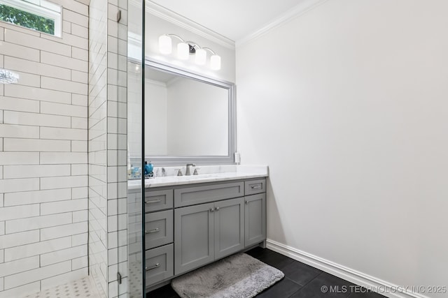 7604 S 6th St, Broken Arrow, OK 74011 - bathroom with vanity, a tile shower, and crown molding