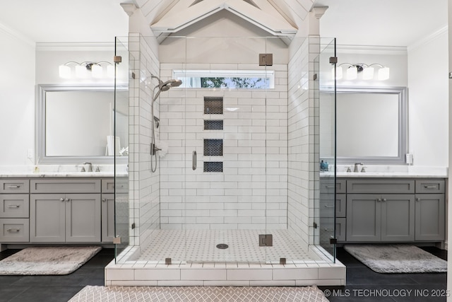 7604 S 6th St, Broken Arrow, OK 74011 - full bathroom with a stall shower, ornamental molding, and vanity