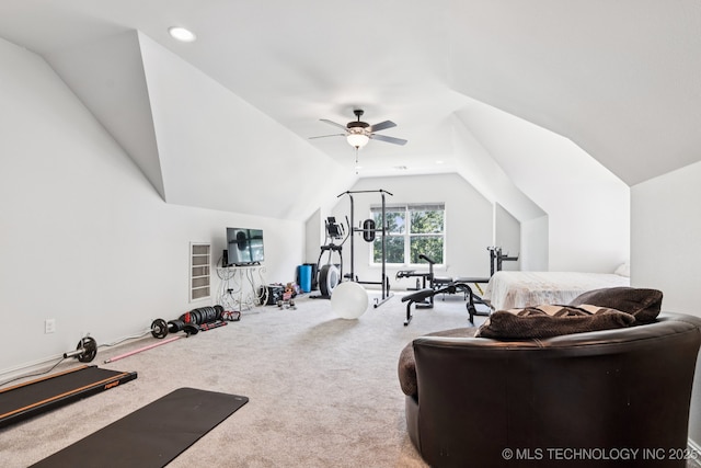 7604 S 6th St, Broken Arrow, OK 74011 - workout area featuring carpet flooring, vaulted ceiling, and a ceiling fan