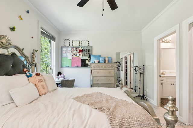 7604 S 6th St, Broken Arrow, OK 74011 - bedroom featuring ornamental molding, wood finished floors, ceiling fan, and ensuite bathroom