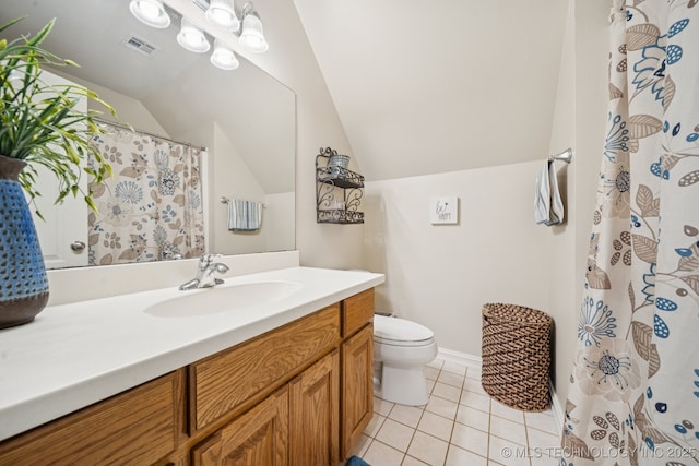 13614 W 42nd Pl, Sand Springs, OK 74063 - bathroom with vanity, vaulted ceiling, tile patterned flooring, and a shower with shower curtain