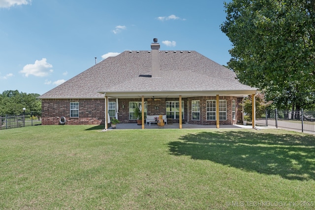 13614 W 42nd Pl, Sand Springs, OK 74063 - rear view of house featuring a patio, a fenced backyard, a chimney, and brick siding
