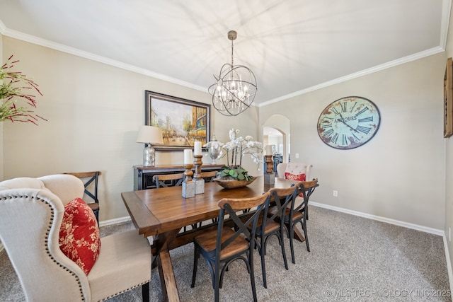 13614 W 42nd Pl, Sand Springs, OK 74063 - carpeted dining room with arched walkways, crown molding, and a chandelier