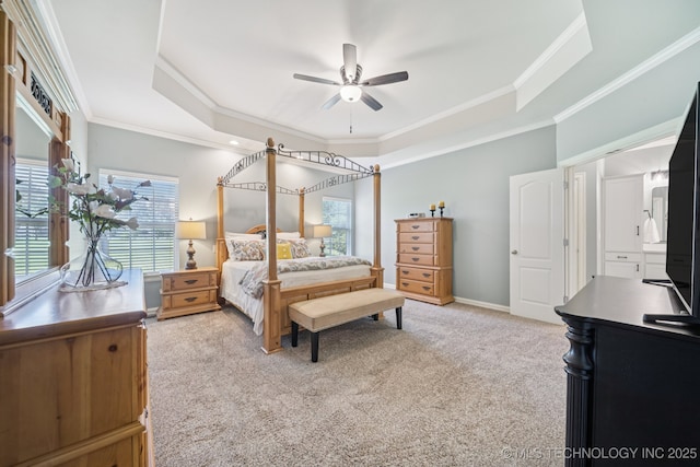 13614 W 42nd Pl, Sand Springs, OK 74063 - bedroom with a raised ceiling, light carpet, crown molding, and ceiling fan