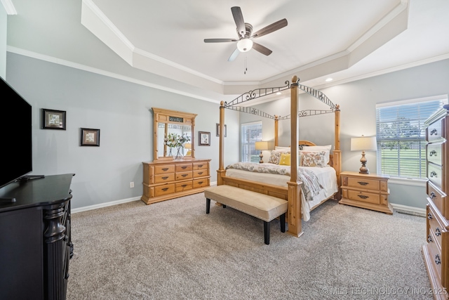 13614 W 42nd Pl, Sand Springs, OK 74063 - bedroom featuring a raised ceiling, carpet flooring, ornamental molding, and a ceiling fan