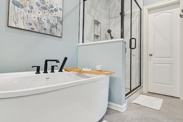 13614 W 42nd Pl, Sand Springs, OK 74063 - full bath featuring a shower stall, a freestanding bath, and tile patterned floors