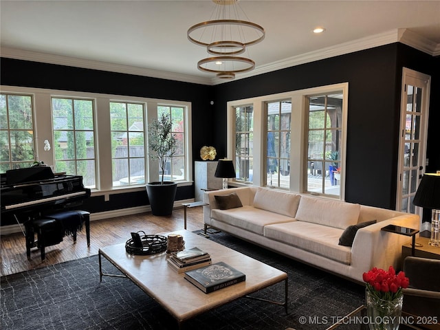2920 E 27th Pl, Tulsa, OK 74114 - living area featuring wood finished floors, ornamental molding, and recessed lighting