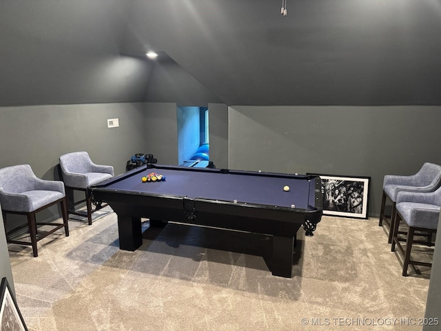 2920 E 27th Pl, Tulsa, OK 74114 - playroom with carpet, vaulted ceiling, and billiards