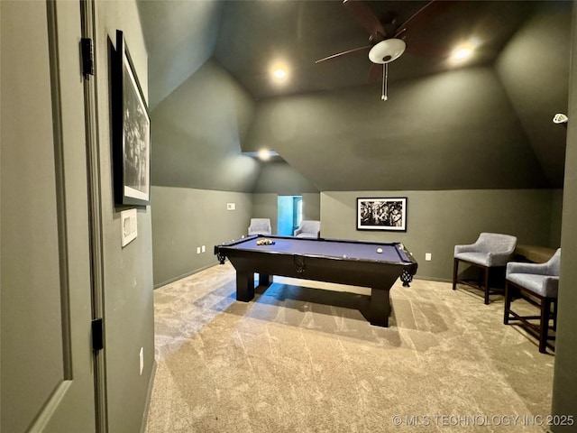 2920 E 27th Pl, Tulsa, OK 74114 - playroom with vaulted ceiling, carpet floors, a ceiling fan, and billiards table
