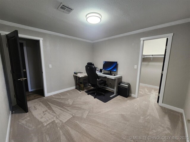 72078 S 321st Rd, Wagoner, OK 74467 - office area featuring crown molding, carpet floors, and a textured ceiling