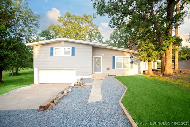 416434 Lakeside, Checotah, OK 74426 - tri-level home with a garage, a front lawn, concrete driveway, and a chimney