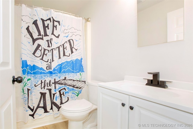 416434 Lakeside, Checotah, OK 74426 - full bathroom featuring vanity, a shower with shower curtain, and wood finished floors