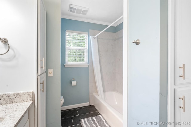 9802 E Clover Creek Dr, Claremore, OK 74017 - bathroom featuring crown molding, vanity, tile patterned flooring, and shower / bath combo