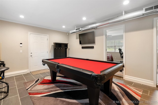 9802 E Clover Creek Dr, Claremore, OK 74017 - rec room with recessed lighting, billiards table, dark tile patterned floors, and ornamental molding