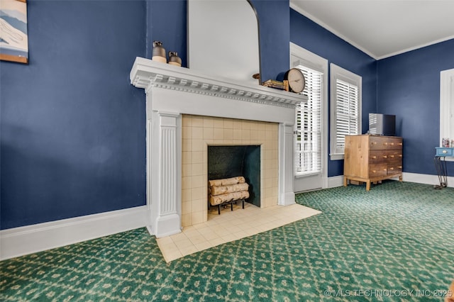 1006 E 17th Pl, Tulsa, OK 74120 - carpeted living room with a fireplace and crown molding
