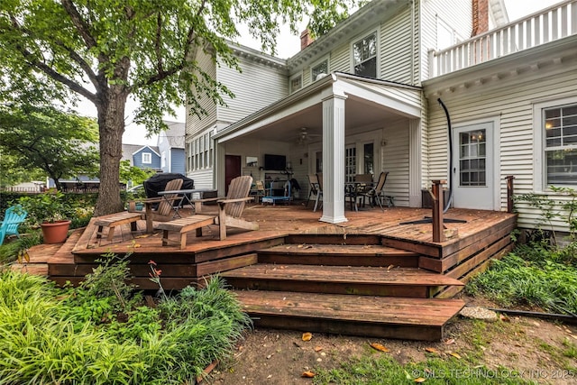 1006 E 17th Pl, Tulsa, OK 74120 - wooden terrace featuring ceiling fan and french doors