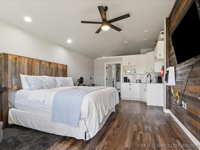 4270 S 4110th Rd, Talala, OK 74080 - bedroom with vaulted ceiling, dark wood-style floors, and recessed lighting