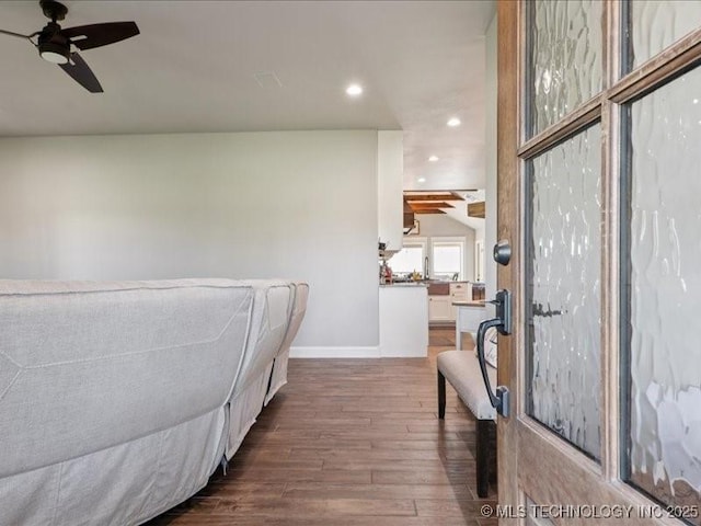 4270 S 4110th Rd, Talala, OK 74080 - bedroom featuring recessed lighting, dark wood finished floors, and a ceiling fan