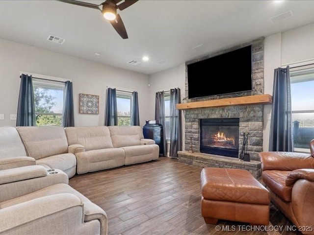 4270 S 4110th Rd, Talala, OK 74080 - living room with ceiling fan, a fireplace, wood finished floors, plenty of natural light, and recessed lighting