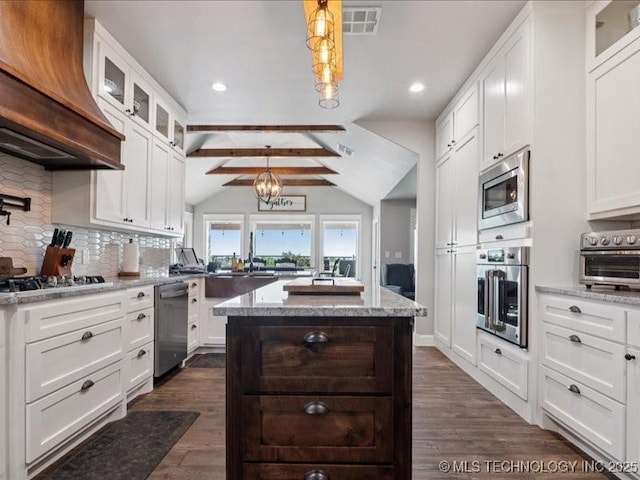4270 S 4110th Rd, Talala, OK 74080 - kitchen featuring custom exhaust hood, appliances with stainless steel finishes, backsplash, dark wood-style floors, and recessed lighting