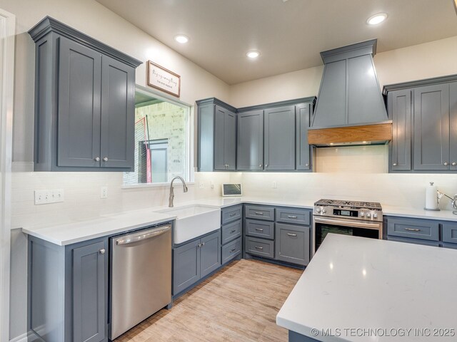 12349 County Road 3571, Ada, OK 74820 - kitchen with stainless steel appliances, premium range hood, backsplash, light countertops, and recessed lighting