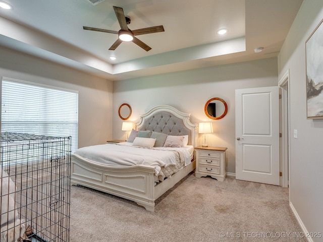 12349 County Road 3571, Ada, OK 74820 - carpeted bedroom with a raised ceiling, recessed lighting, and ceiling fan