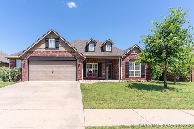 12901 N 124th E Pl, Collinsville, OK 74021 - view of front facade with brick siding, a front yard, driveway, a garage, and a porch