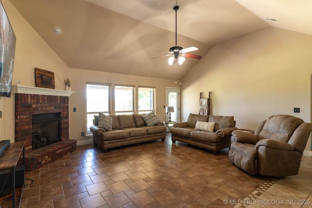 12901 N 124th E Pl, Collinsville, OK 74021 - living room with ceiling fan, a fireplace, and high vaulted ceiling