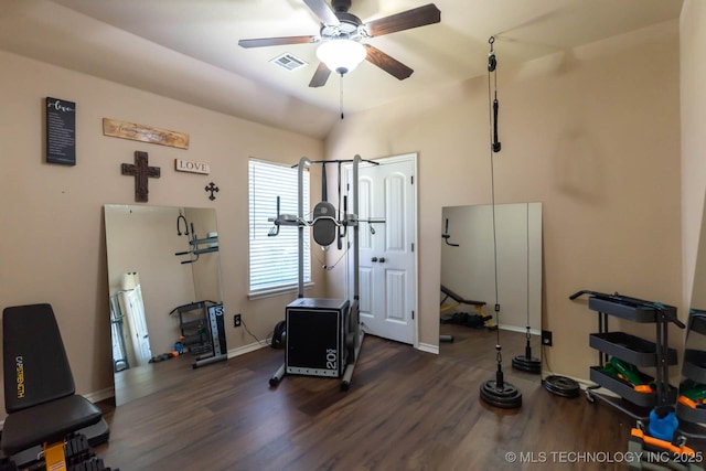 12901 N 124th E Pl, Collinsville, OK 74021 - workout room with wood finished floors, ceiling fan, and lofted ceiling