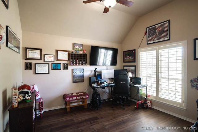 12901 N 124th E Pl, Collinsville, OK 74021 - office with healthy amount of natural light, wood finished floors, ceiling fan, and lofted ceiling