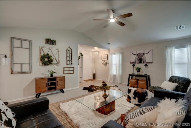 11001 N 146th E Ave, Owasso, OK 74055 - living room with a ceiling fan, vaulted ceiling, and carpet flooring