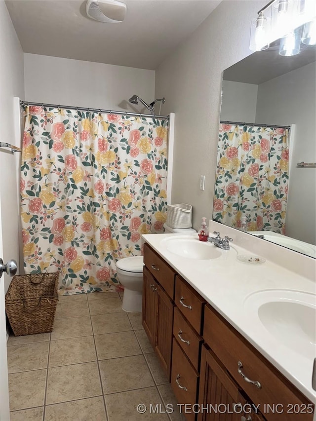11725 S Vine Pl S, Jenks, OK 74037 - bathroom with double vanity, tile patterned flooring, and a shower with shower curtain