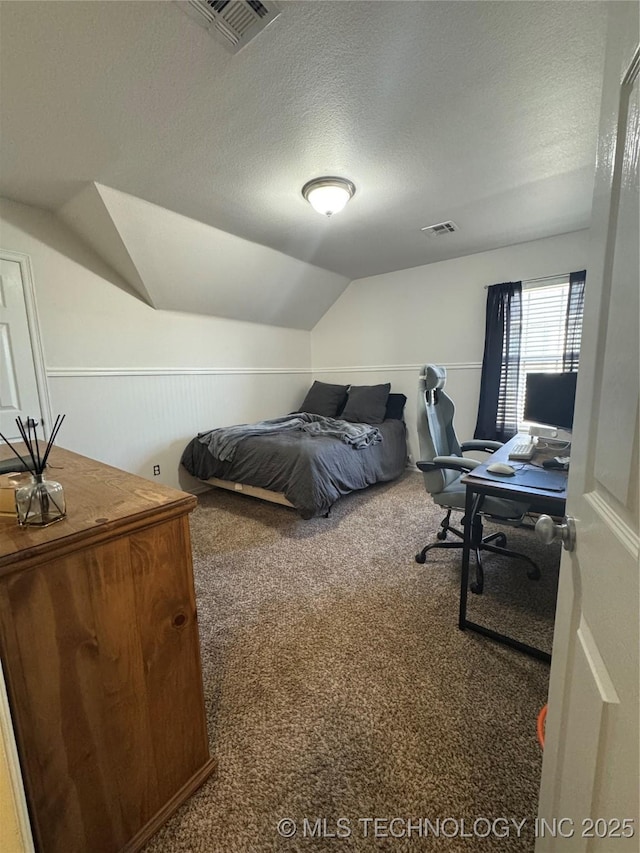 11725 S Vine Pl S, Jenks, OK 74037 - bedroom featuring carpet floors, lofted ceiling, an office area, and a textured ceiling