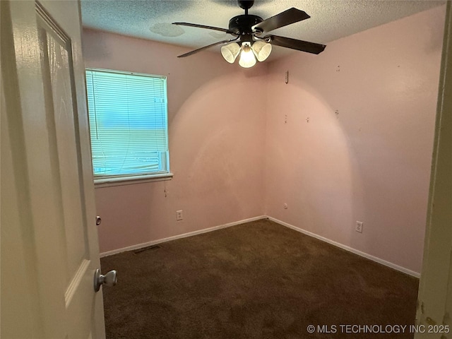 3024 S Ash Ct, Broken Arrow, OK 74012 - spare room featuring a textured ceiling, ceiling fan, and dark carpet
