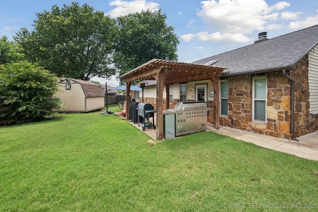 2807 W Atlanta Pl, Broken Arrow, OK 74012 - fenced yard with a pergola, a storage unit, and a patio