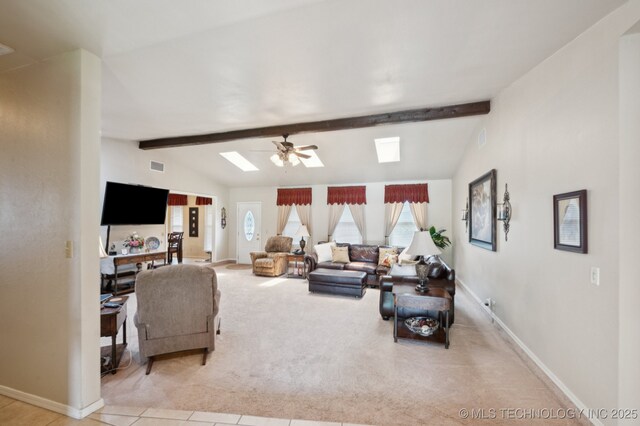 2807 W Atlanta Pl, Broken Arrow, OK 74012 - living area with carpet floors, a ceiling fan, and tile patterned floors