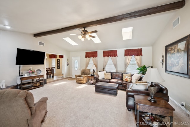 2807 W Atlanta Pl, Broken Arrow, OK 74012 - carpeted living area featuring a skylight and a ceiling fan