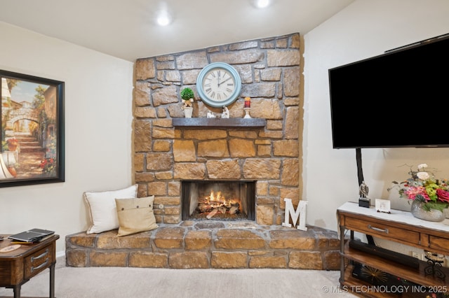 2807 W Atlanta Pl, Broken Arrow, OK 74012 - carpeted living area with a stone fireplace