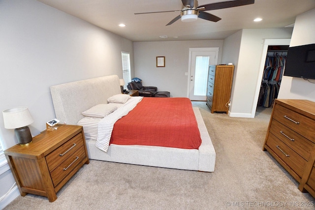 24042 S Black Valley Rd, Tahlequah, OK 74464 - bedroom featuring light colored carpet, recessed lighting, a spacious closet, ceiling fan, and a closet