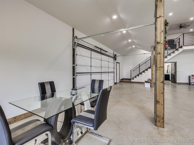 11446 Mary Knox Dr, Beggs, OK 74421 - dining space featuring stairs, recessed lighting, concrete flooring, and vaulted ceiling