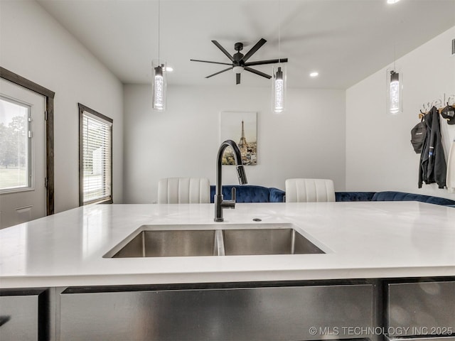 11446 Mary Knox Dr, Beggs, OK 74421 - kitchen featuring open floor plan, recessed lighting, light countertops, hanging light fixtures, and a ceiling fan
