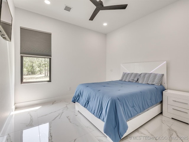 11446 Mary Knox Dr, Beggs, OK 74421 - bedroom featuring marble look tiles, recessed lighting, and a ceiling fan