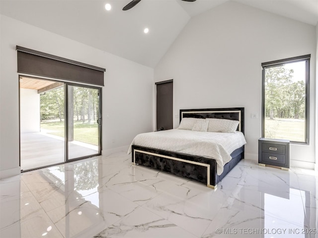 11446 Mary Knox Dr, Beggs, OK 74421 - bedroom featuring access to outside, high vaulted ceiling, light marble finish floors, and recessed lighting