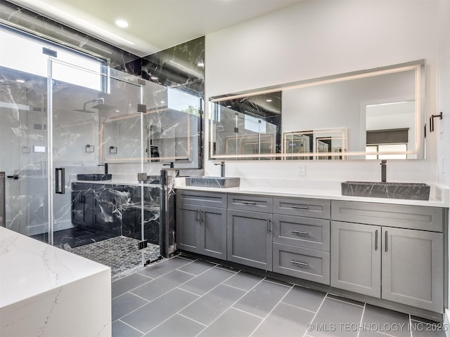 11446 Mary Knox Dr, Beggs, OK 74421 - bathroom featuring a marble finish shower, double vanity, and tile patterned flooring