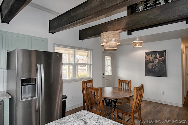 96539 S 4550th Rd, Vian, OK 74962 - dining room featuring dark wood finished floors and beam ceiling
