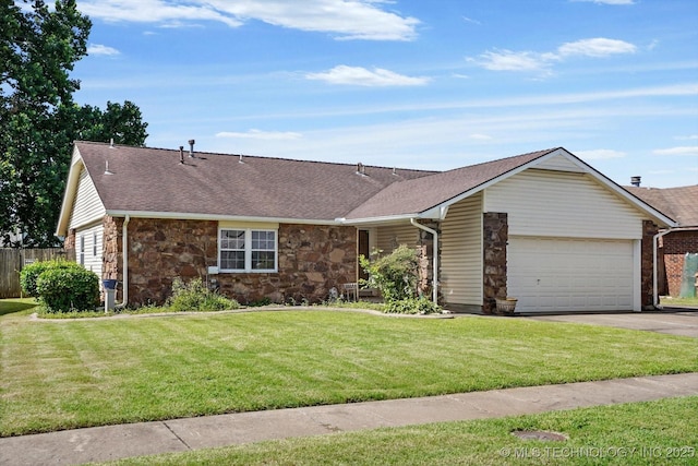12452 E 36th St, Tulsa, OK 74146 - view of front facade featuring a garage, asphalt driveway, stone siding, and roof with shingles