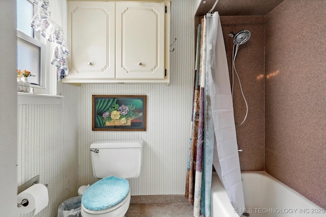 12452 E 36th St, Tulsa, OK 74146 - full bathroom featuring shower / tub combo with curtain, wallpapered walls, and tile patterned floors