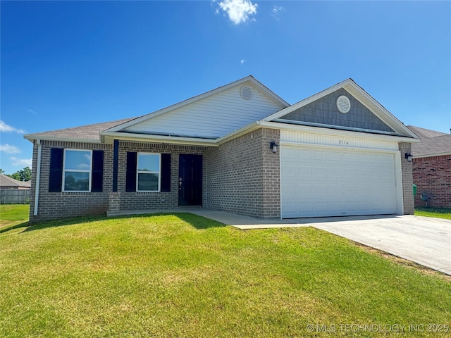 8314 E 162nd St S, Bixby, OK 74008 - ranch-style home featuring a garage, brick siding, concrete driveway, and a front lawn