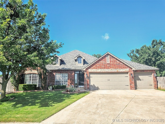 124 W 125th Ct S, Jenks, OK 74037 - traditional-style home with brick siding, driveway, an attached garage, a front lawn, and a shingled roof